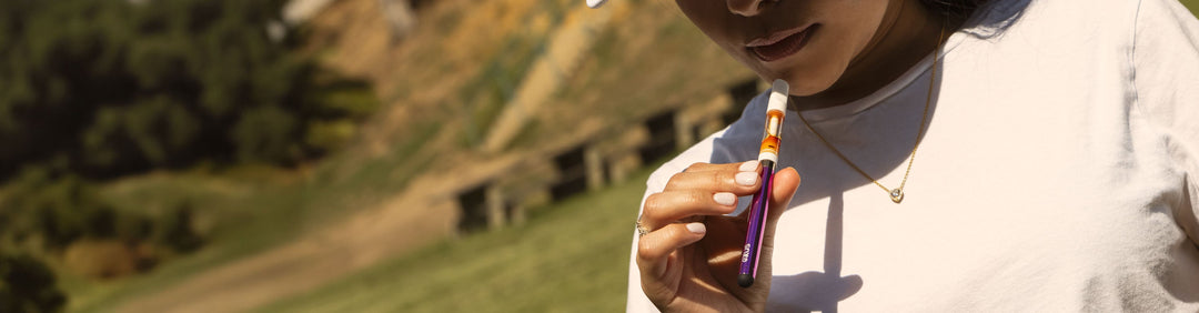 Got Vape Wholesale Vape Pens Collection with red haired girl holding Exxus Snap VV in front of grassy plains