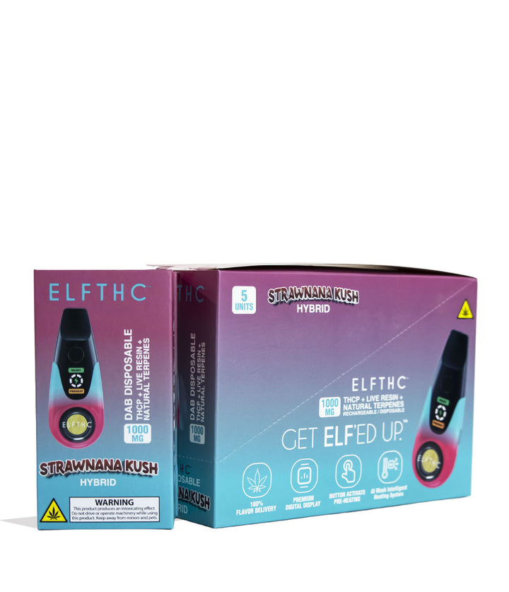 Strawnana Kush Elf THC 1000mg THCP + Live Resin Dab Disposable 5pk Front View on White Background