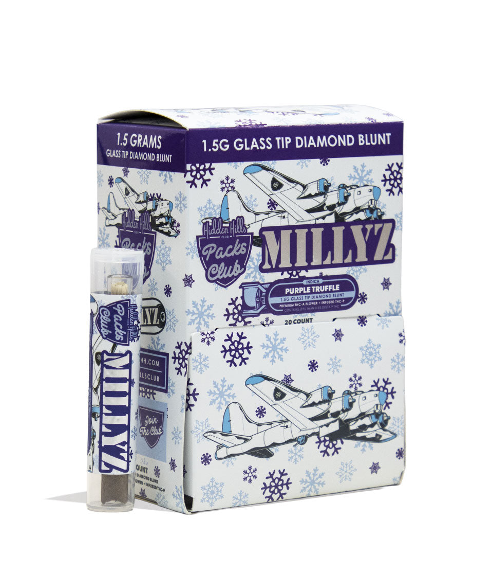 Purple Truffle Hidden Hills Millyz 1.5g THC-A and Infused THC-P Glass Tip Pre Rolls 20pk Front View on White Background