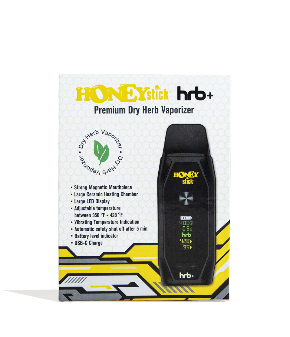 Black Honeystick HRB Plus Vaporizer Packaging Front View on White Background