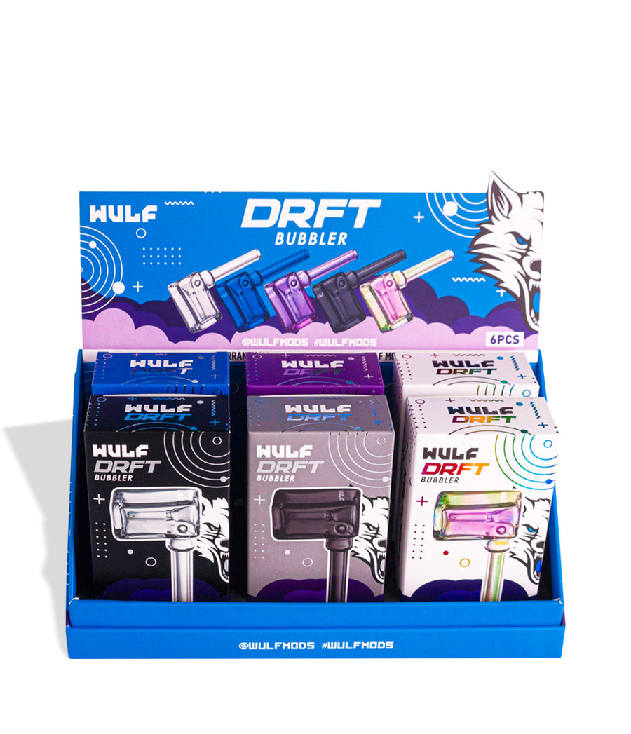 Display of WULF DRFT Bubbler packaging with colorful designs on a white background