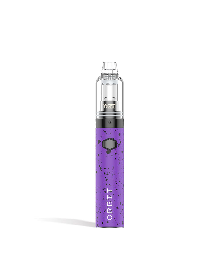 Purple Black Spatter front view Wulf Mods Orbit Concentrate Vaporizer on white studio background