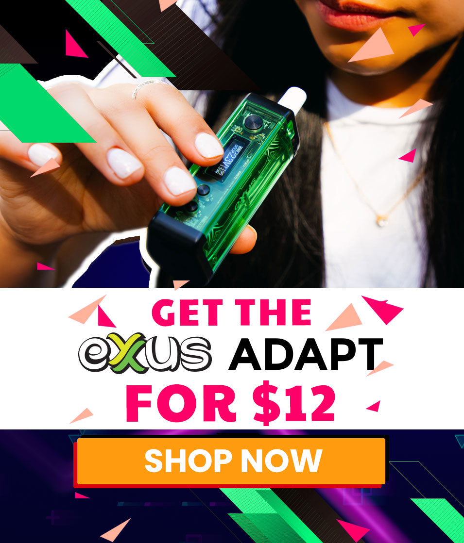Promotional graphic for Exus Adapt with a hand holding a green device, colorful text, and call to action button.