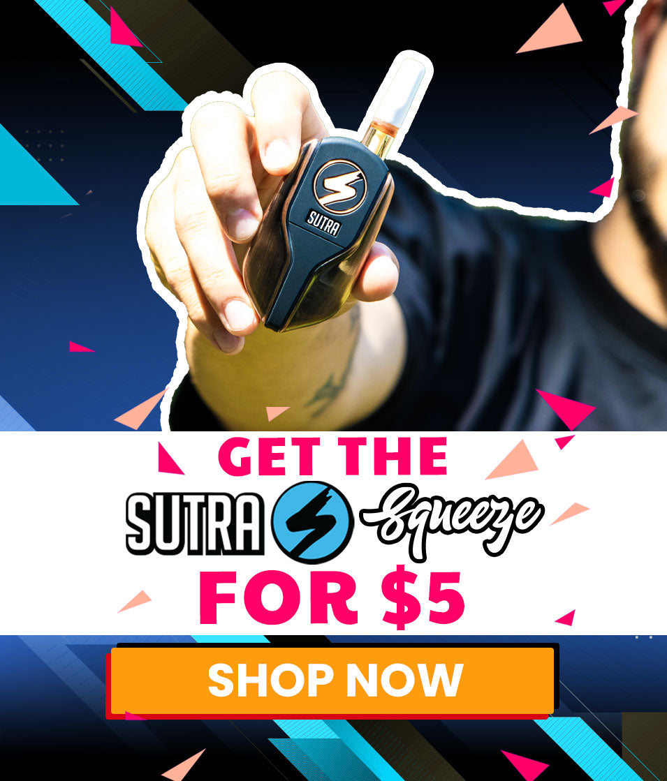 man holding a bronze Sutra Squeeze and promotional text overlay on a colorful background