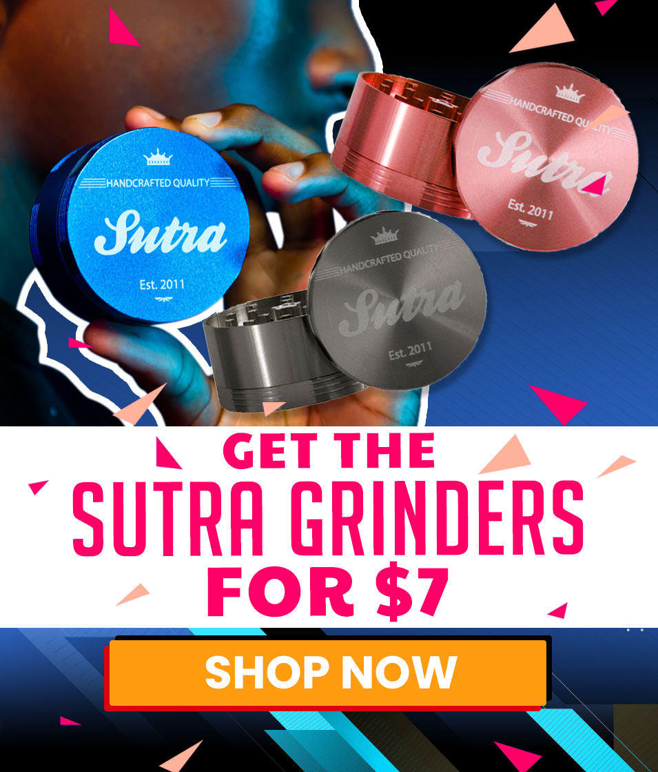 man holding a blue 4pc 65mm Sutra Grinder with promotional text overlay on a colorful background