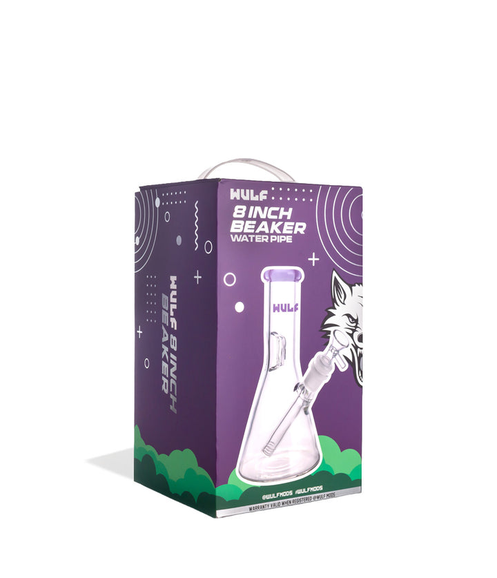 Purple Wulf Mods 5mm 8inch Beaker Water Pipe Packaging Angle View on White Background