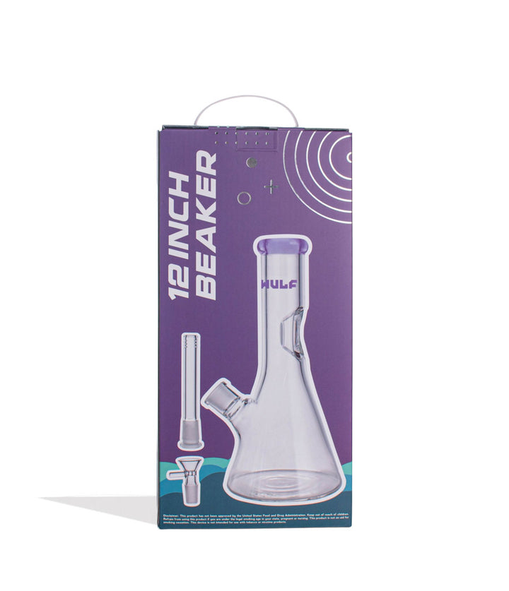 Purple Wulf Mods 7mm 12inch Beaker Water Pipe Packaging Back View on White Background