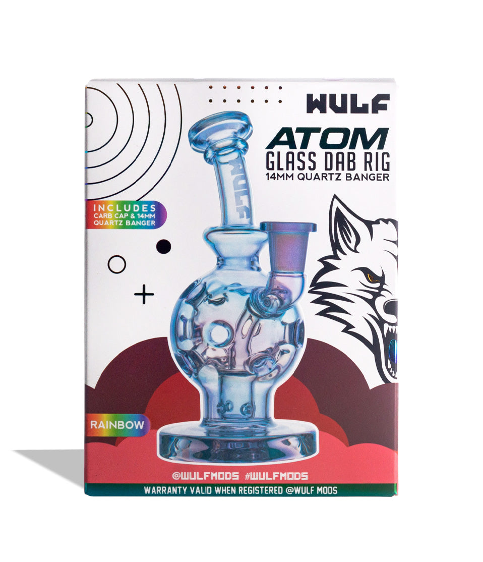 Full Color Wulf Mods Atom 14mm Dab Rig with Quartz Banger packaging on white background