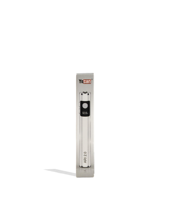 White Yocan Ari 2.0 Variable Voltage Battery 15pk Packaging Front View on White Background