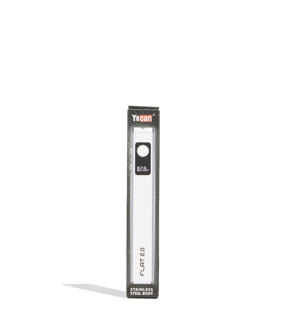 White Yocan Flat 2.0 Variable Voltage Battery 12pk Packaging Front View on White Background